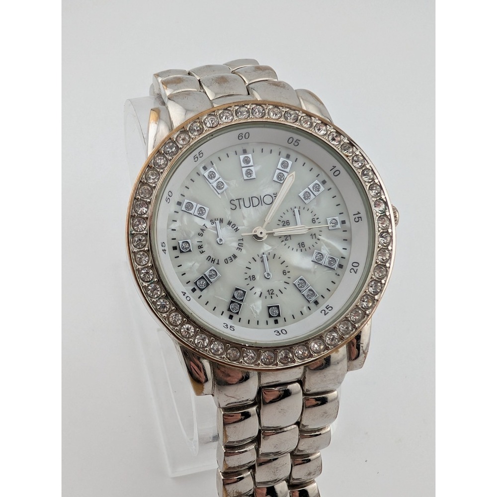 Studio Time Watch Women 40mm Case Rhinestone Bezel 7" Silver Band- New Battery‎
